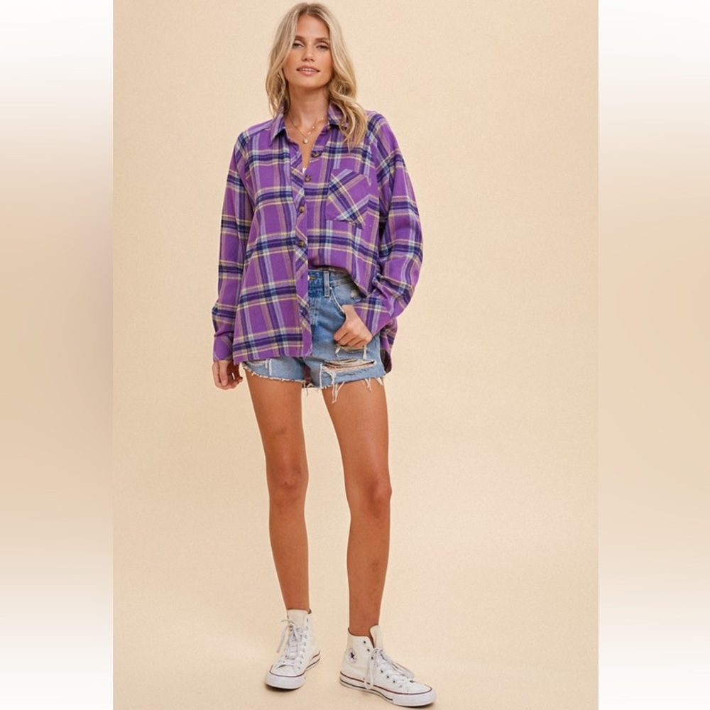 968. Hem & Thread Oversized Plaid Cotton Button Down Top Purple New Item NWT - Picture 6 of 6